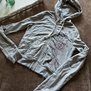Express XS Gray Hoodie Sweatshirt with Metallic & Floral Design on front